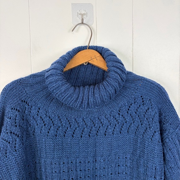 Vintage Blue Chunky Knit Turtleneck Sweater Womens Oversized Cottagecore 90s - Picture 5 of 9